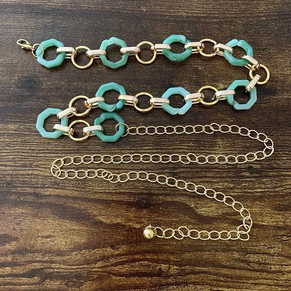 Gold Y2K Green Marbled Hexagon Open Ring Chain Belt, Fits 21-43 Inches, X7GA1356